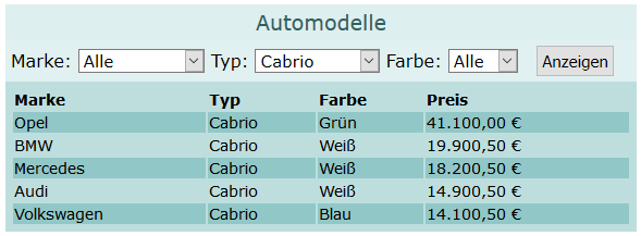 Auswahlliste als Filter in einer DB-Tabelle einsetzen