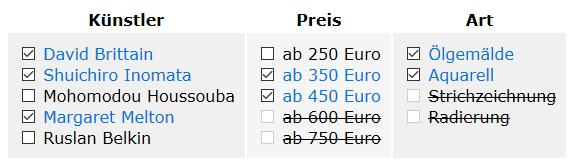 Artikel über Checkboxen auswählen